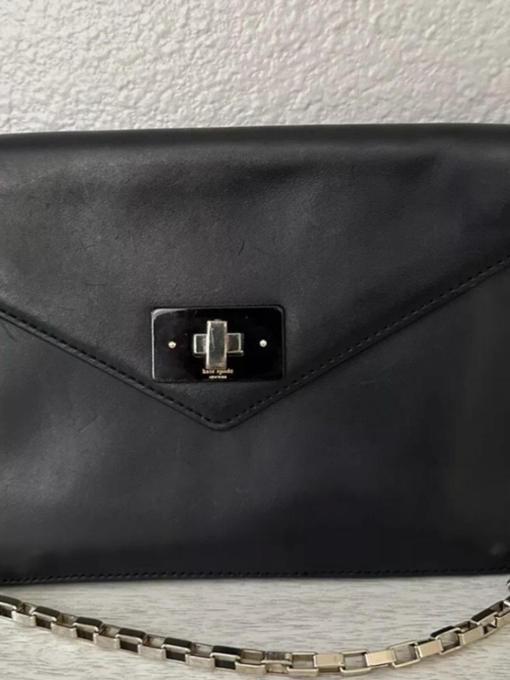 kate spade Black Leather Envelope Clutch/Shoulder Bag with Chain Strap